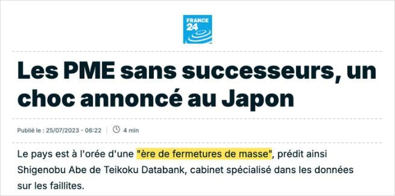France 24 : le pays est à l'orée d'une ère de fermetures de masse, selon Shigenobu Abe de Teikoku Databank, cabinet spécialisé dans les données sur les faillites.