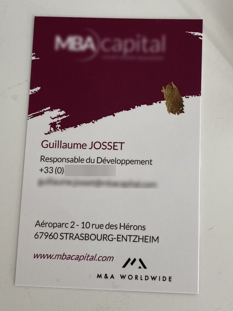 Carte de visite de Guillaume Josset, Responsable du Développement au sein du cabinet de cession.