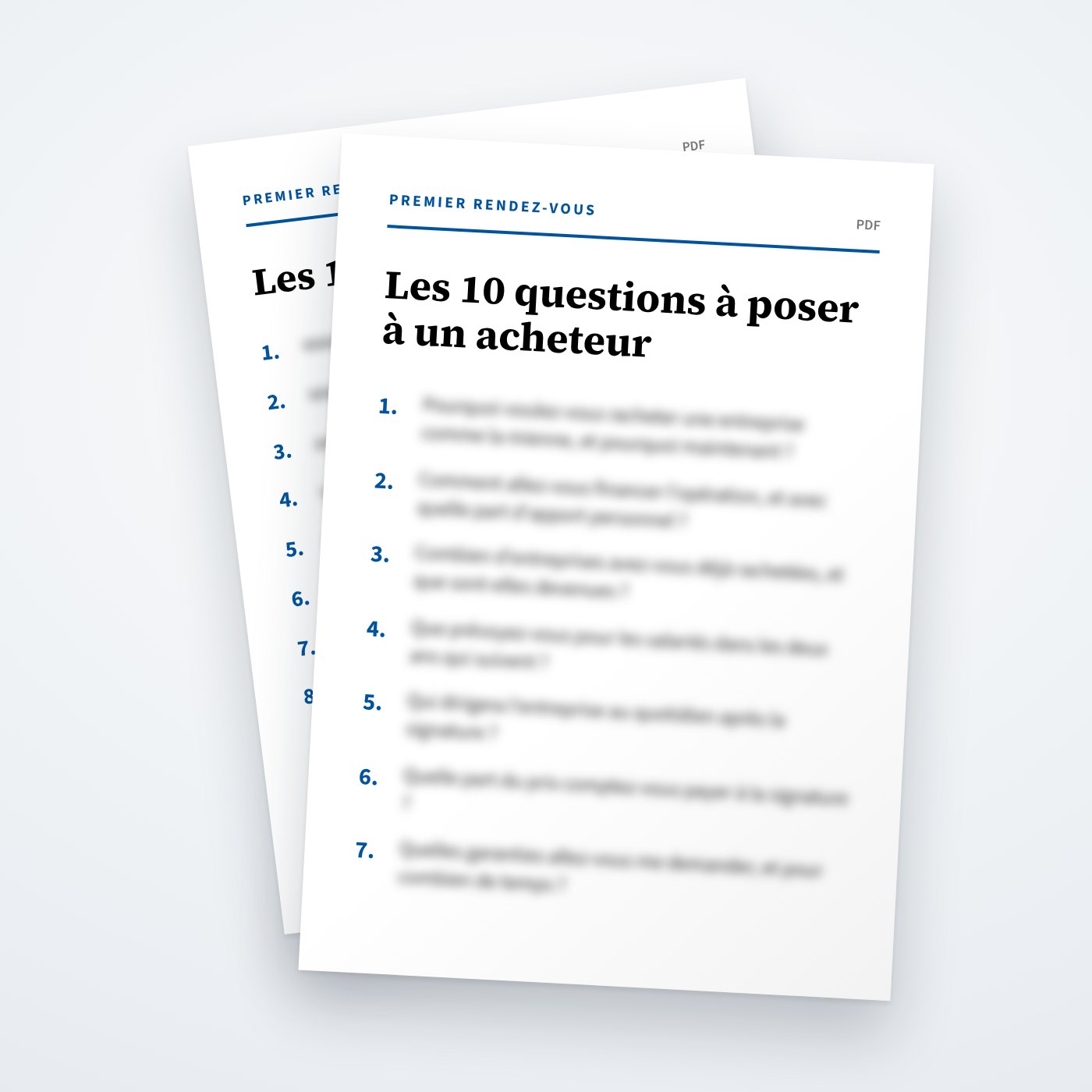 Pages du PDF «&nbsp;Les 10 questions à poser à un acheteur&nbsp;», contenu flouté.