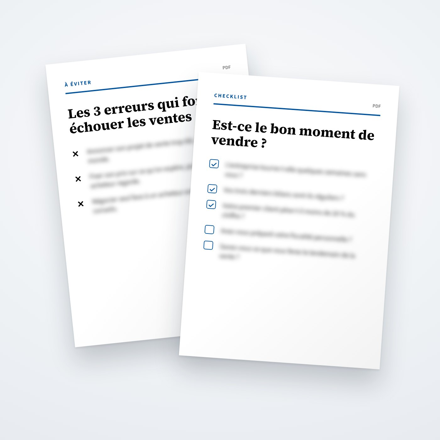 Pages du PDF «&nbsp;Les 3 erreurs qui font échouer les ventes&nbsp;» et de la checklist «&nbsp;Est-ce le bon moment de vendre ?&nbsp;», contenu flouté.