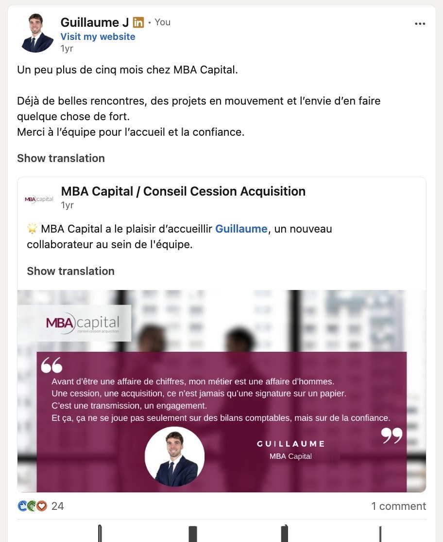Publication LinkedIn du cabinet annonçant l'arrivée de Guillaume au sein de son équipe de Strasbourg.