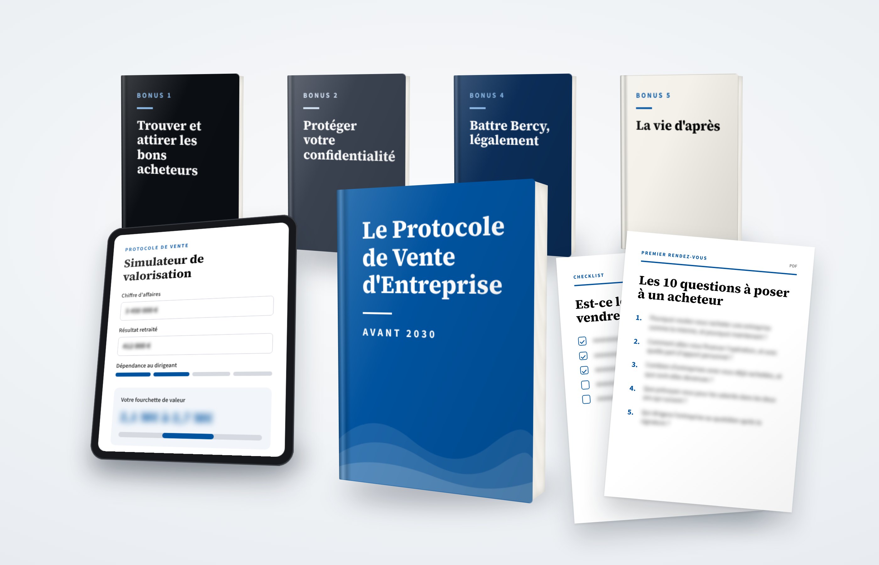 Tout le contenu du protocole : le livre du protocole, le simulateur de valorisation, les fiches PDF et les livres bonus, dont «&nbsp;Trouver et attirer les bons acheteurs&nbsp;» et «&nbsp;Protéger votre confidentialité&nbsp;».