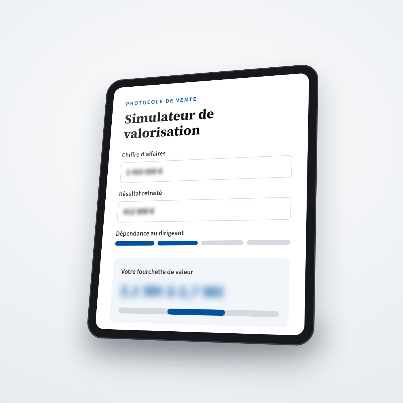 Le simulateur de valorisation affiché sur une tablette, chiffres floutés.